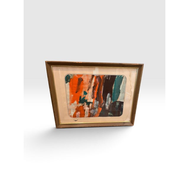 Vibrant vintage abstract painting featuring bold, gestural brushwork in saturated shades of burnt orange, teal, chocolate...