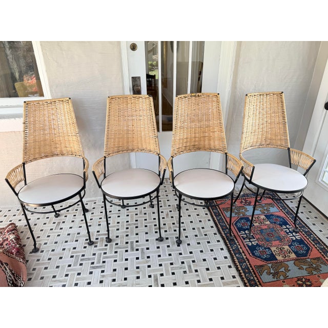 Vintage Dining Set- Wrought Iron & Resin Wicker, Glass Top Table, 4 Chairs Attributed to Arthur Umanoff for Shaver Howard For Sale In Chicago - Image 6 of 10
