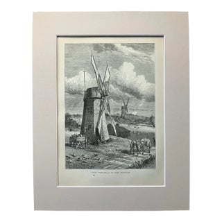 Antique 1874 Wood Engraving "Grist Wind-Mills at East Hampton" NY in 11x14 Mat For Sale