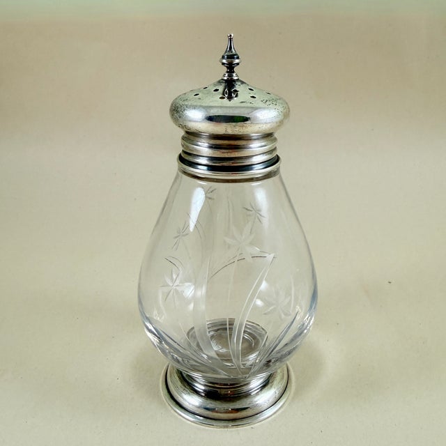 An Art Deco era, Sterling Silver & etched glass sugar castor, made by Whiting Company, circa 1910-1920. Frank M. Whiting...
