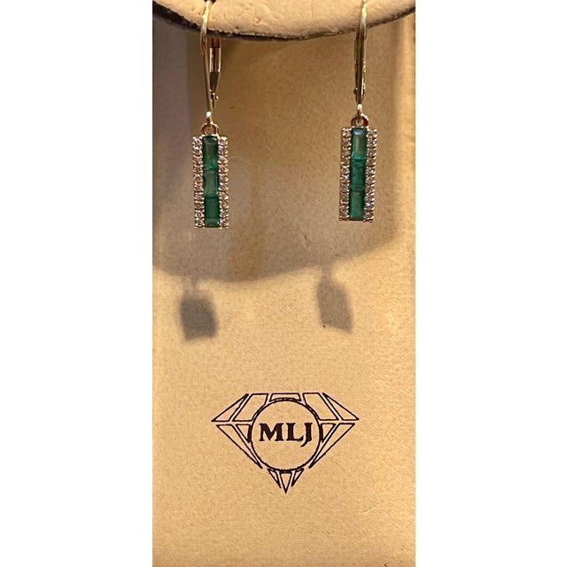 Princess Cut Emerald & Diamond 14 Kt Yellow Gold Dangling Earring For Sale - Image 4 of 8