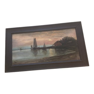 Antique Tonalist Harbor Scene Oil on Canvas Signed MPS in Period Wood Frame For Sale