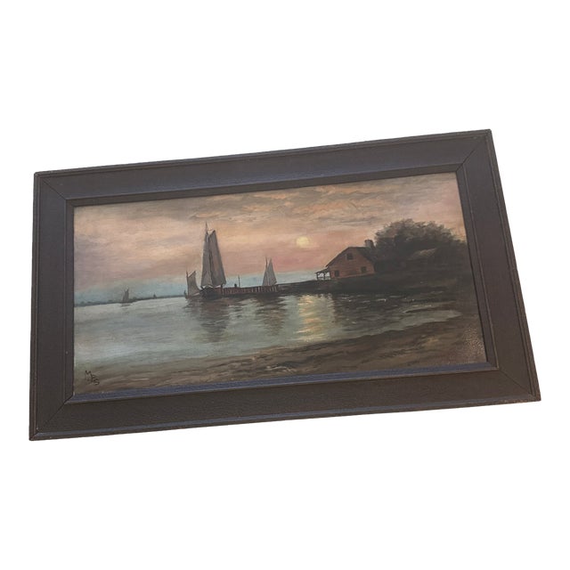 Antique Tonalist Harbor Scene Oil on Canvas Signed MPS in Period Wood Frame For Sale