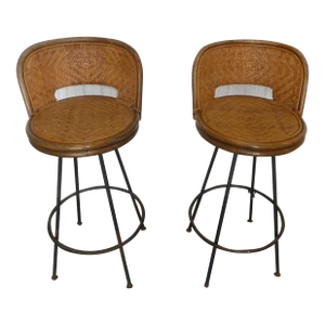 1950s Mid Century Calif Asia Rattan Bar Stools - a Pair