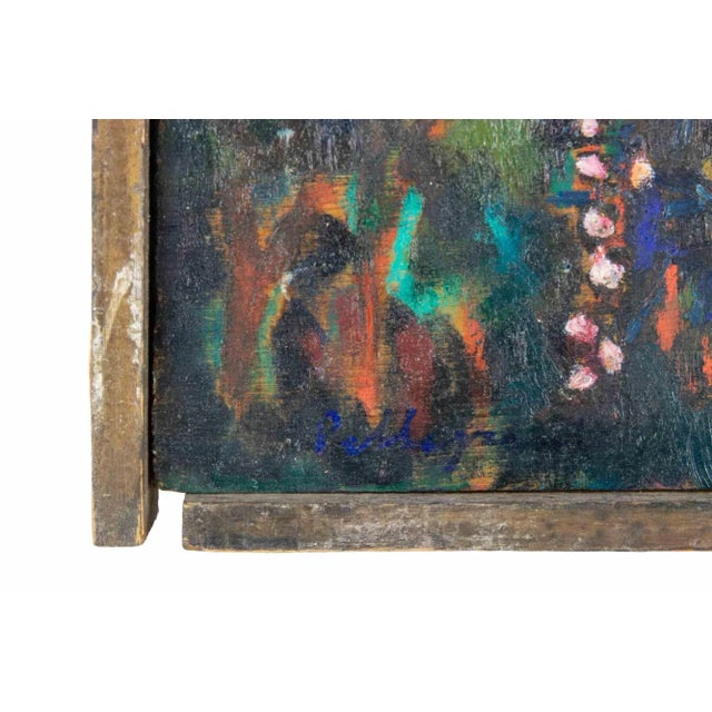 Oil on plywood realized by sirio pellegrini in 1970. Hand signed lower left. Signed and titled on rear. Includes a wooden...