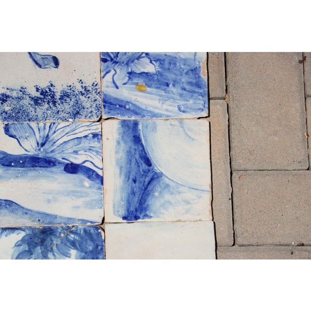 Antique Set of 6 Baroque Portuguese Tiles, 18th Century Blue & White Scenic and Botanical Details For Sale - Image 4 of 10
