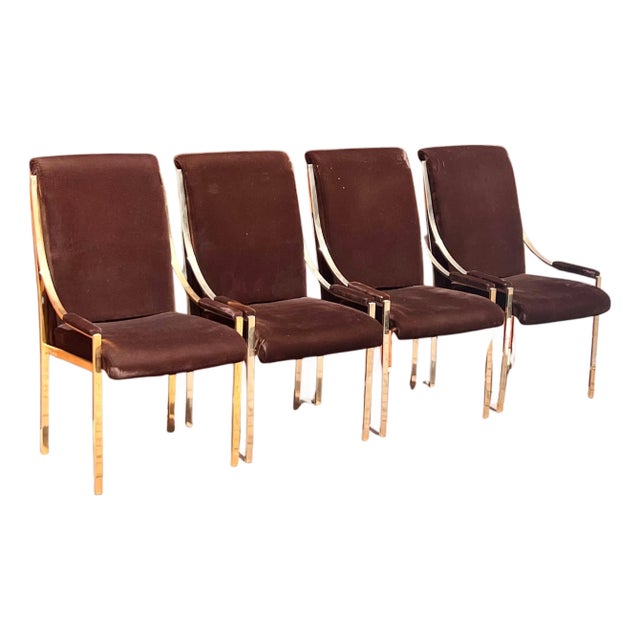 20th Century Brass And Brown Velvet Dining Room Chairs - Set of 4 For Sale