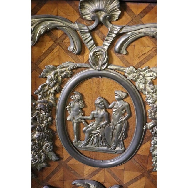 Brown Monumental Grand Inlaid Bronze Mounted French Louis XV Style Marble Top Commode For Sale - Image 8 of 9