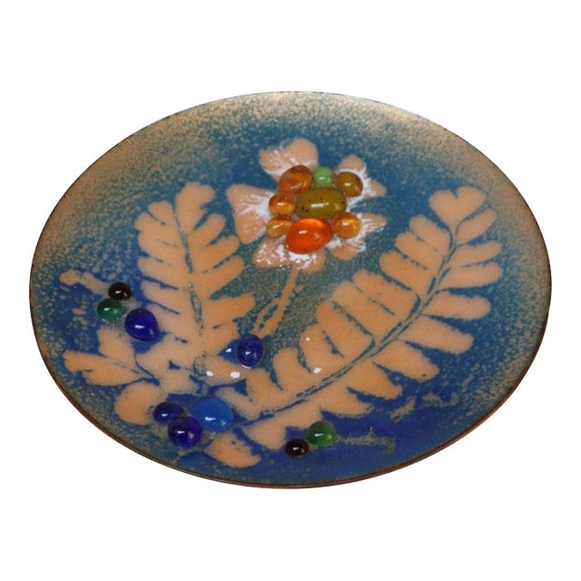 Small Mid-Century American Modern Blue and Peach Botanical Enamel on Copper Dish For Sale