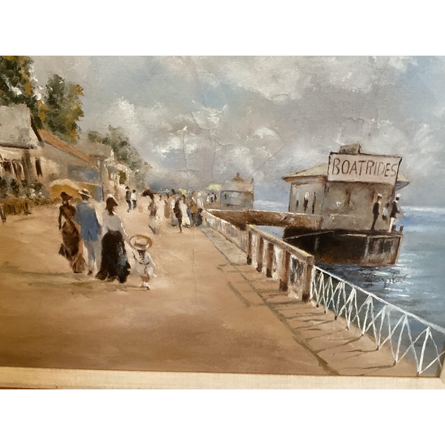Vintage Oil on Canvas Painting of a Waterfront Landscape - Framed For Sale - Image 4 of 10