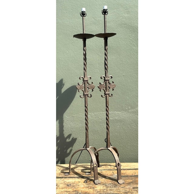 Metal Vintage Twisted Wrought Iron Floor Lamps - A Pair For Sale - Image 7 of 12