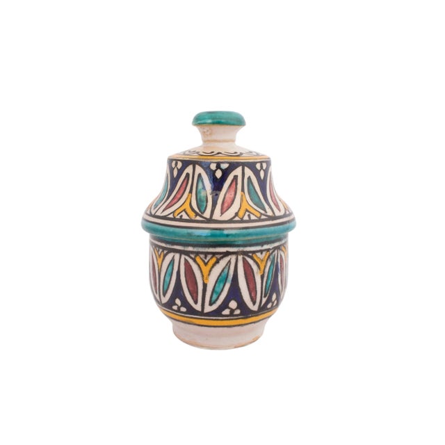 Midcentury hand-painted Moroccan pottery jar. Signed 'P.T Fez'. Excellent condition.