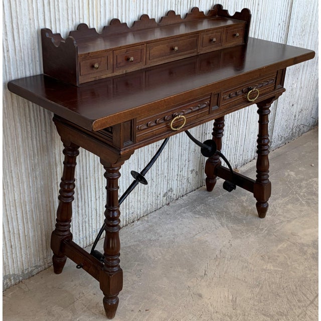Catalan Spanish Lady Desk or Console Tablein Carved Walnut and Iron Stretcher For Sale - Image 4 of 13