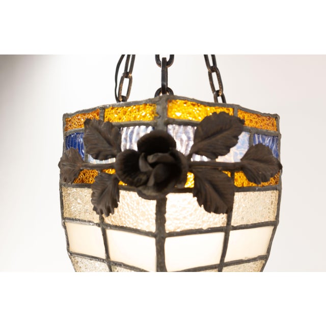 French Art Deco Ceiling Lamp in Lead and Textured Glass, 1930s For Sale - Image 9 of 15