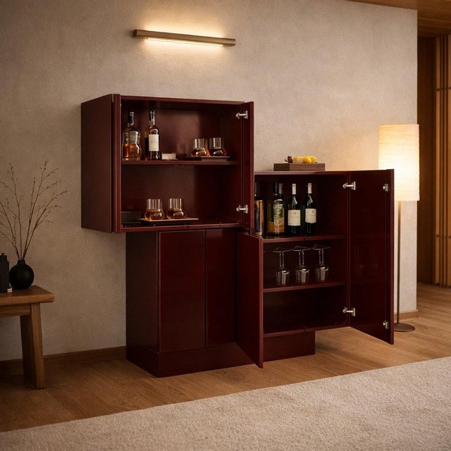 Late 20th Century Large Postmodern Oxblood Lacquer Bar or Media Cabinet, 60 In. For Sale - Image 16 of 16