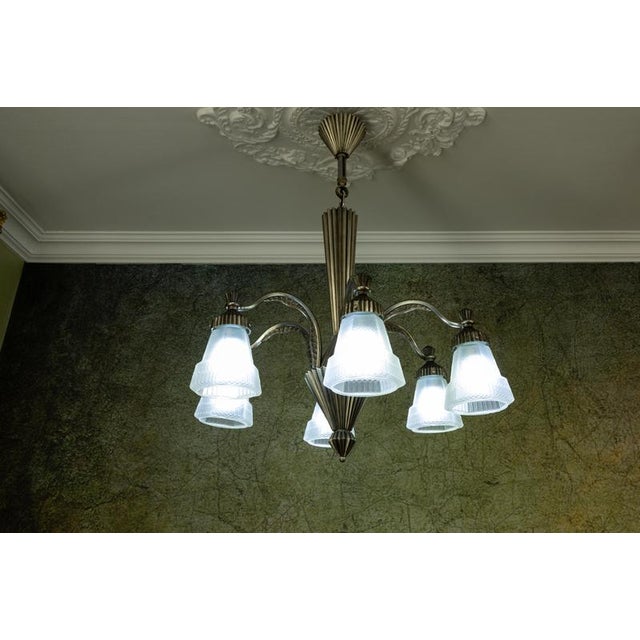 Art Deco French Bronze and Frosted White Glass Six-Light Chandelier, 1930s For Sale - Image 14 of 18