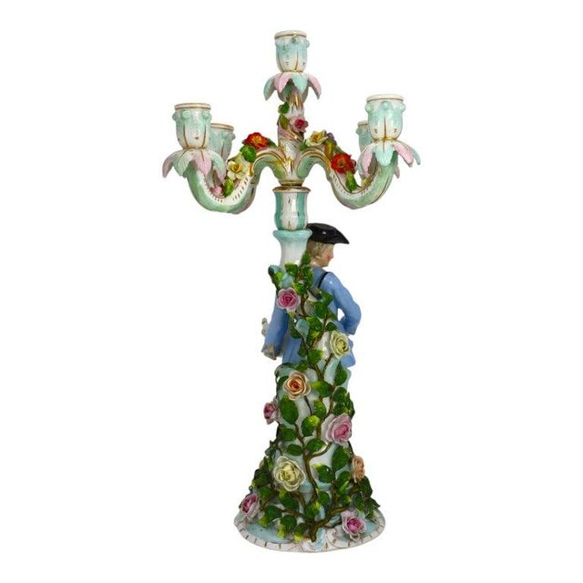 Pair 21" Meissen Style Figural & Floral Porcelain Candelabras C1890 For Sale - Image 17 of 18