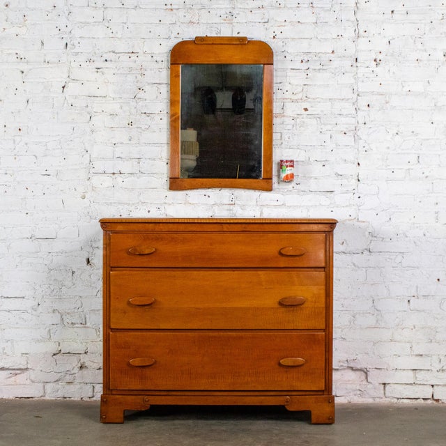 1930s to 1950s Transitional Solid Maple Gentleman’s Chest With Hand Carved Pulls and Wall Mirror For Sale - Image 18 of 18