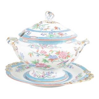 Large Antique Faience Soup Tureen with Under Plate from Minton, 1880s For Sale