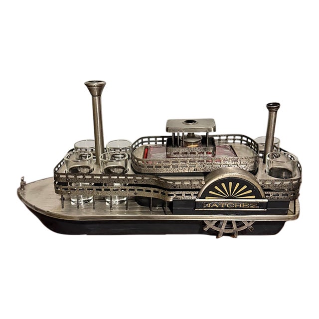 Vintage Natchez Mississippi Riverboat Musical Drink Caddy With Decanter & 6 Shot Glasses For Sale