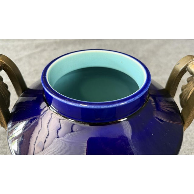 Metal Early 1900's Cobalt Blue Ceramic Vase With Brass Handles For Sale - Image 7 of 8
