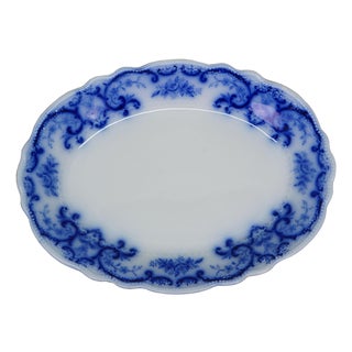 Antique w.h. Grindley Flow Blue Oval Porcelain Platter Tray Centerpiece England For Sale