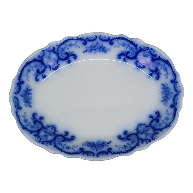 Antique w.h. Grindley Flow Blue Oval Porcelain Platter Tray Centerpiece England For Sale