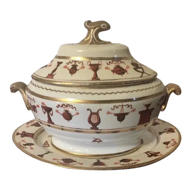 Early 19th Century First Period Miles Mason Neoclassical Porcelain Sauce Tureen & Platter For Sale