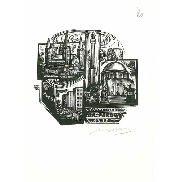 Ex Libris Dr. Tardos is an original Artwork realized in the Second half of the 20th Century. Original B/W woodcut print on...