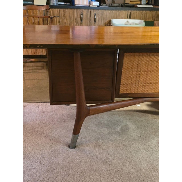 Wood Mid 20th Century Alma Skulptura Mid Century Walnut Executive Desk, 78” Danish Modern, Cane Panel For Sale - Image 7 of 11