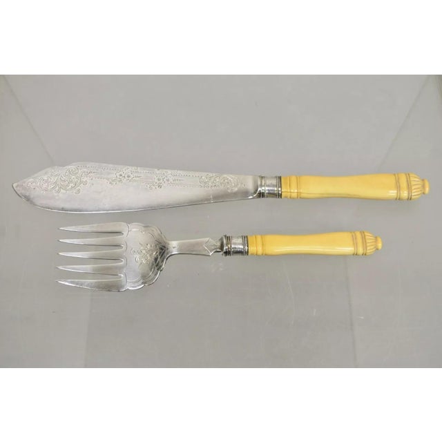 Antique English Victorian Floral Engraved Fish Knife & Fork Set Celluloid Handle. Circa Early 20th Century. Measurements:...