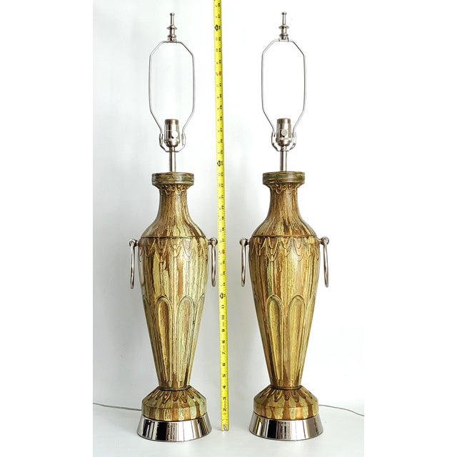 1950s Large Lamps Sage Green & Bronze Painted Plaster New Nickel Silver Hardware - Pair For Sale - Image 5 of 14