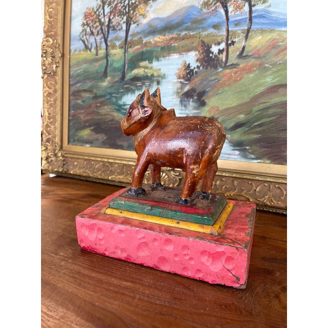 Wood Likely Antique Hand-Carved Wooden Cow Figurine on Painted Base - Folk Art Sculpture For Sale - Image 7 of 9