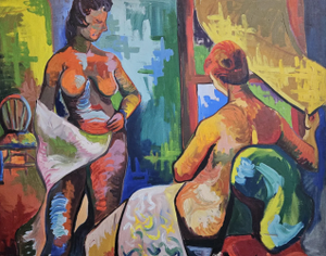 Early 20th C. Oil Painting on Canvas Two Nude Women Interior Scene
