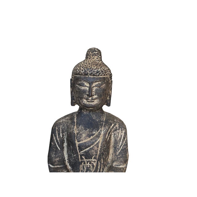 Black 13.5" Black Brown Distressed Marks Small Stone Sitting Buddha Statue For Sale - Image 8 of 8