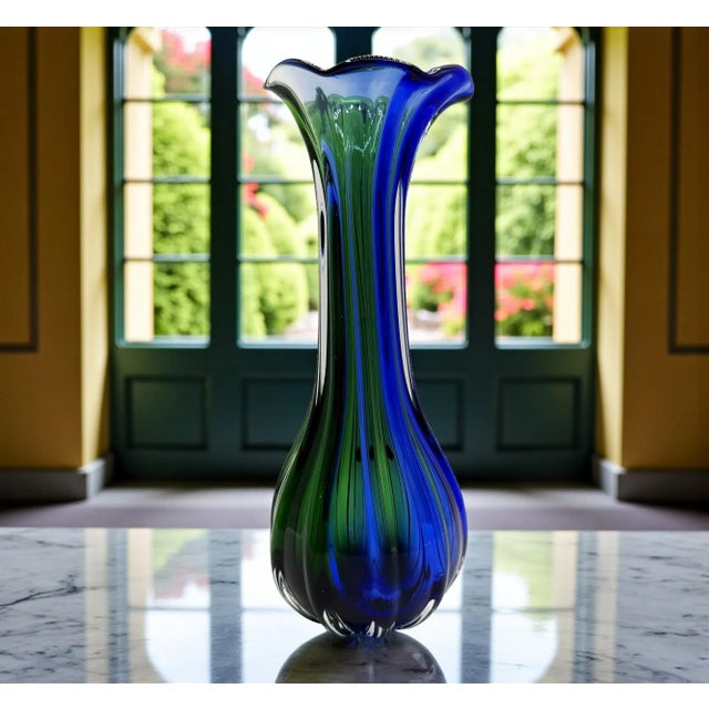 Blue Green and Blue Ribbed Murano Glass Vase, 1960s For Sale - Image 8 of 10