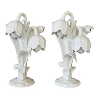 Pair of Mid-20th Century Italian Porcelain Lily Flower Table Lamps For Sale