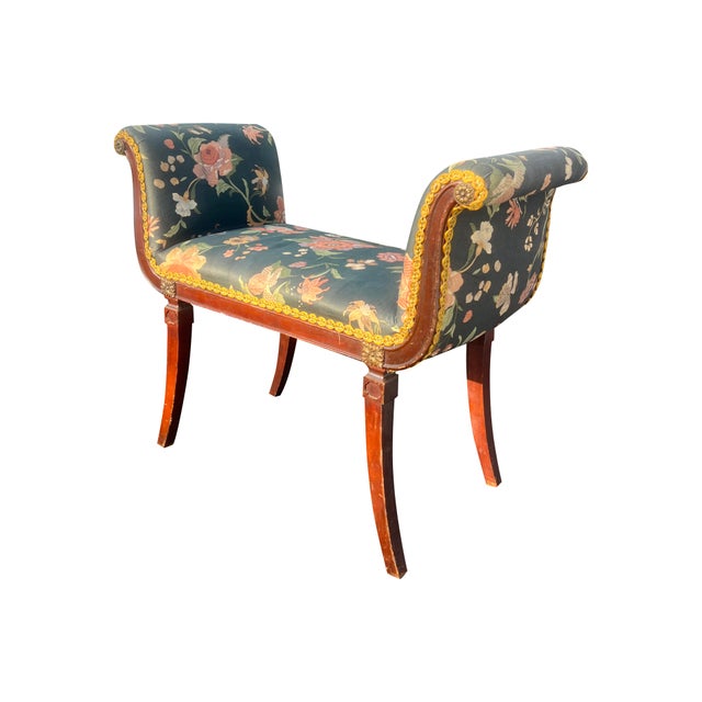 1930s Antique Bench or Settee With Flower Print Upholstery and Mahagony Frame For Sale - Image 5 of 9