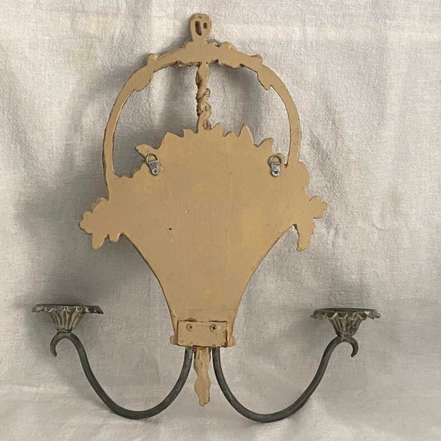 1980s Flower Basket Candle Sconces Metal and Plaster Composite - A Pair For Sale - Image 5 of 10