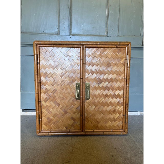 Brown Vintage Bamboo and Rattan Double Door Cabinet with Brass Handles For Sale - Image 8 of 10