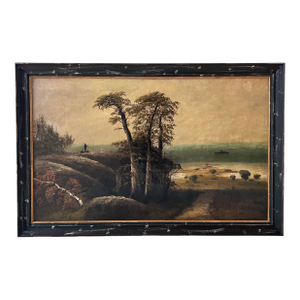 19thC Large Hudson River School Naive Style Landscape Painting