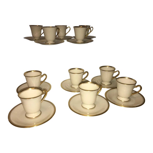 1970s Lenox China Tea Coffee Cups and Saucers 1603/86 Gold Trim- 22 Pieces For Sale