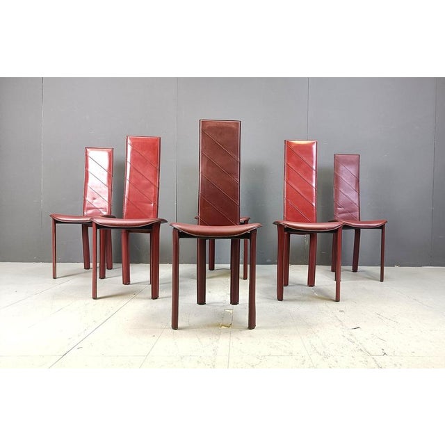 1980s Vintage Italian Red Leather High Back Dining Chairs, 1980s, Set of 6 For Sale - Image 5 of 13