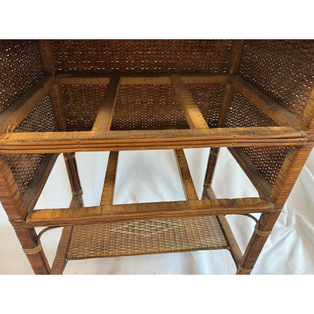 Antique Victorian Wicker Rattan Sewing Stand | Lift-Top Toile Lined, Two Drawers | Edwardian Work Table, 31in For Sale - Image 17 of 18