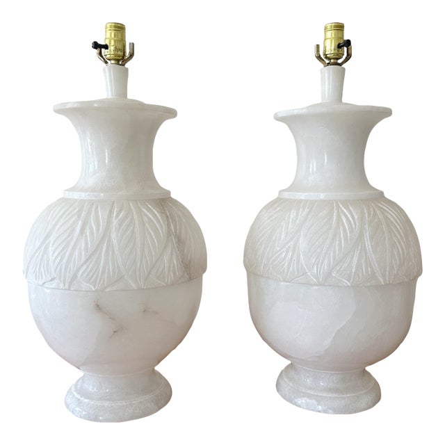 Pair of Large Alabaster Table Lamps With Leaf Carving, Italian, 1970s For Sale