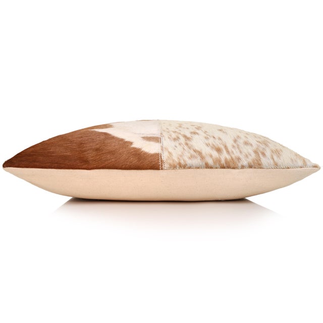 Luxury Brown & White Genuine Cowhide Patchwork Pillow 18x18 | Handmade Hair-on Leather Cushion For Sale - Image 4 of 7