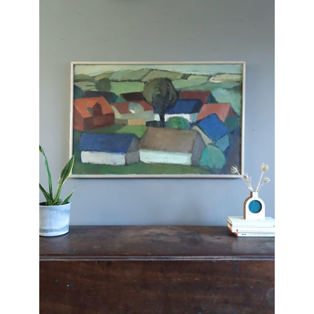 1963 Mid-Century Modern 'Houses by the Rolling Hills' Vintage Swedish Expressive Landscape Oil Painting, Framed For Sale - Image 4 of 12