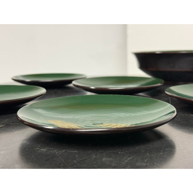 Green Japanese Green Lacquerware Plates + Bowl, Set of Five For Sale - Image 8 of 12