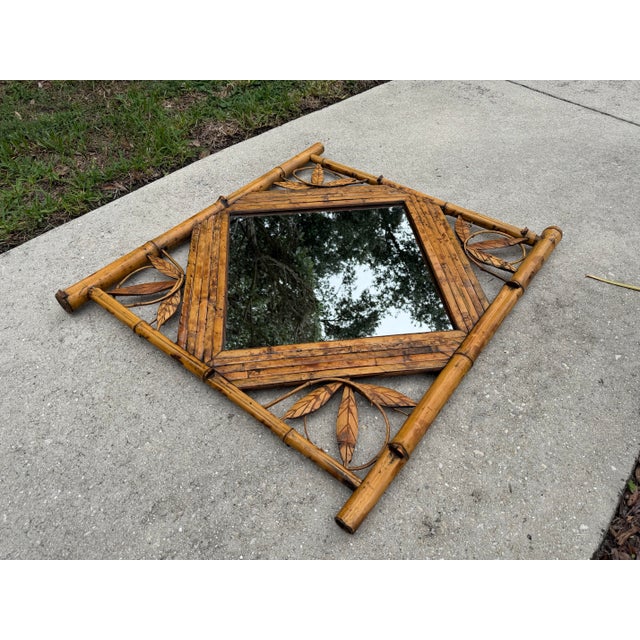 Wood Vintage Bamboo & Rattan Leaf Motif Wall Mirror For Sale - Image 7 of 11