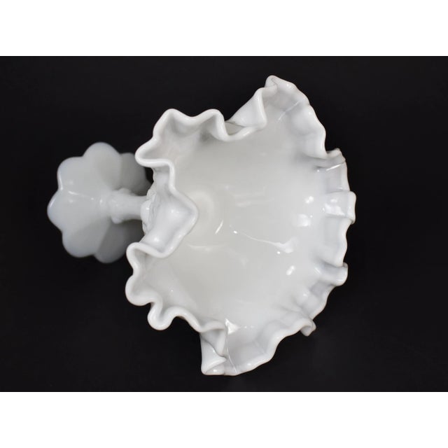 Vintage Fenton Milk Glass Small Pedestal Bowl Comport Compot Ruffled Rose Design For Sale - Image 6 of 10
